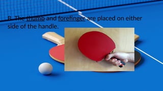 B. The thumb and forefinger are placed on either
side of the handle.
 