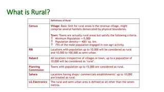 What is Rural?
Definitions of Rural
Census Village: Basic Unit for rural areas is the revenue village, might
comprise several hamlets demarcated by physical boundaries.
Town: Towns are actually rural areas but satisfy the following criteria.
 Minimum Population >=5,000
 Population density>= 400/ sq. km.
 75% of the male population engaged in non-agri activity.
RBI Locations with population up to 10,000 will be considered as rural
and 10,000 to 100,000 as semi-urban.
Nabard All locations irrespective of villages or town, up to a population of
10,000 will be considered as ‘rural’.
Planning
Commission
Towns with population up to 15,000 are considered as rural.
Sahara Locations having shops/ commercials establishments’ up to 10,000
are treated as rural.
LG Electronics The rural and semi urban area is defined as all other than the seven
metros.
 