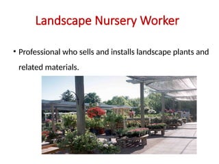 Landscape Nursery Worker
• Professional who sells and installs landscape plants and
related materials.
 