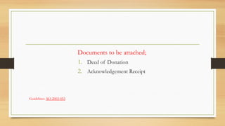 Documents to be attached;
1. Deed of Donation
2. Acknowledgement Receipt
Guidelines AO 2003-053
 
