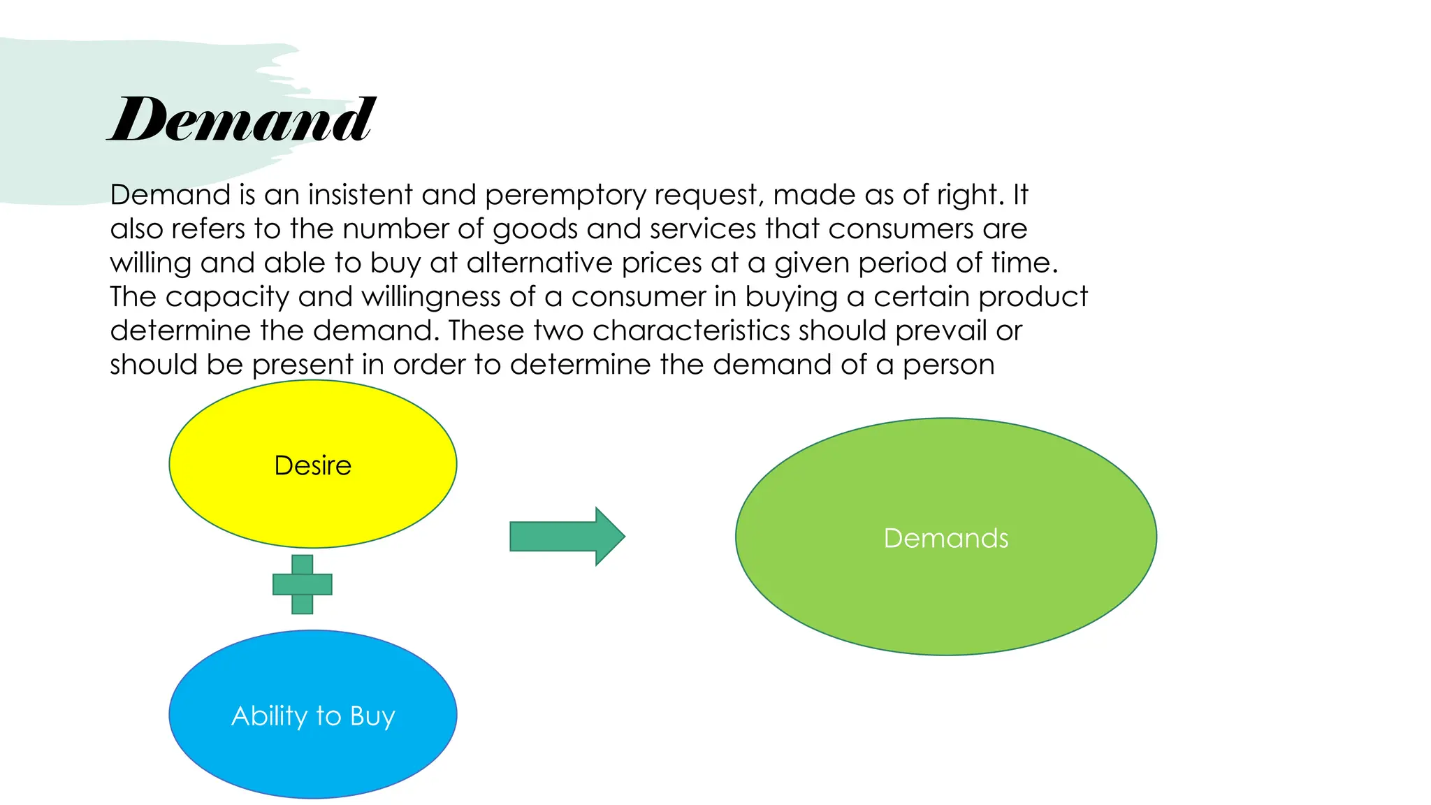 Demand
Demand is an insistent and peremptory request, made as of right. It
also refers to the number of goods and services that consumers are
willing and able to buy at alternative prices at a given period of time.
The capacity and willingness of a consumer in buying a certain product
determine the demand. These two characteristics should prevail or
should be present in order to determine the demand of a person
Desire
Ability to Buy
Demands
 