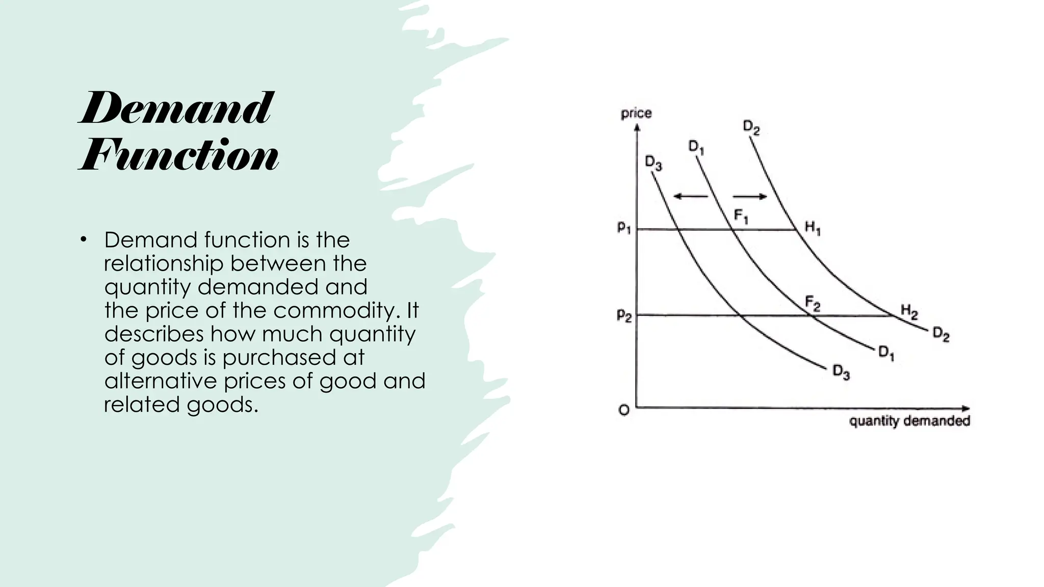 Demand
Function
• Demand function is the
relationship between the
quantity demanded and
the price of the commodity. It
describes how much quantity
of goods is purchased at
alternative prices of good and
related goods.
 