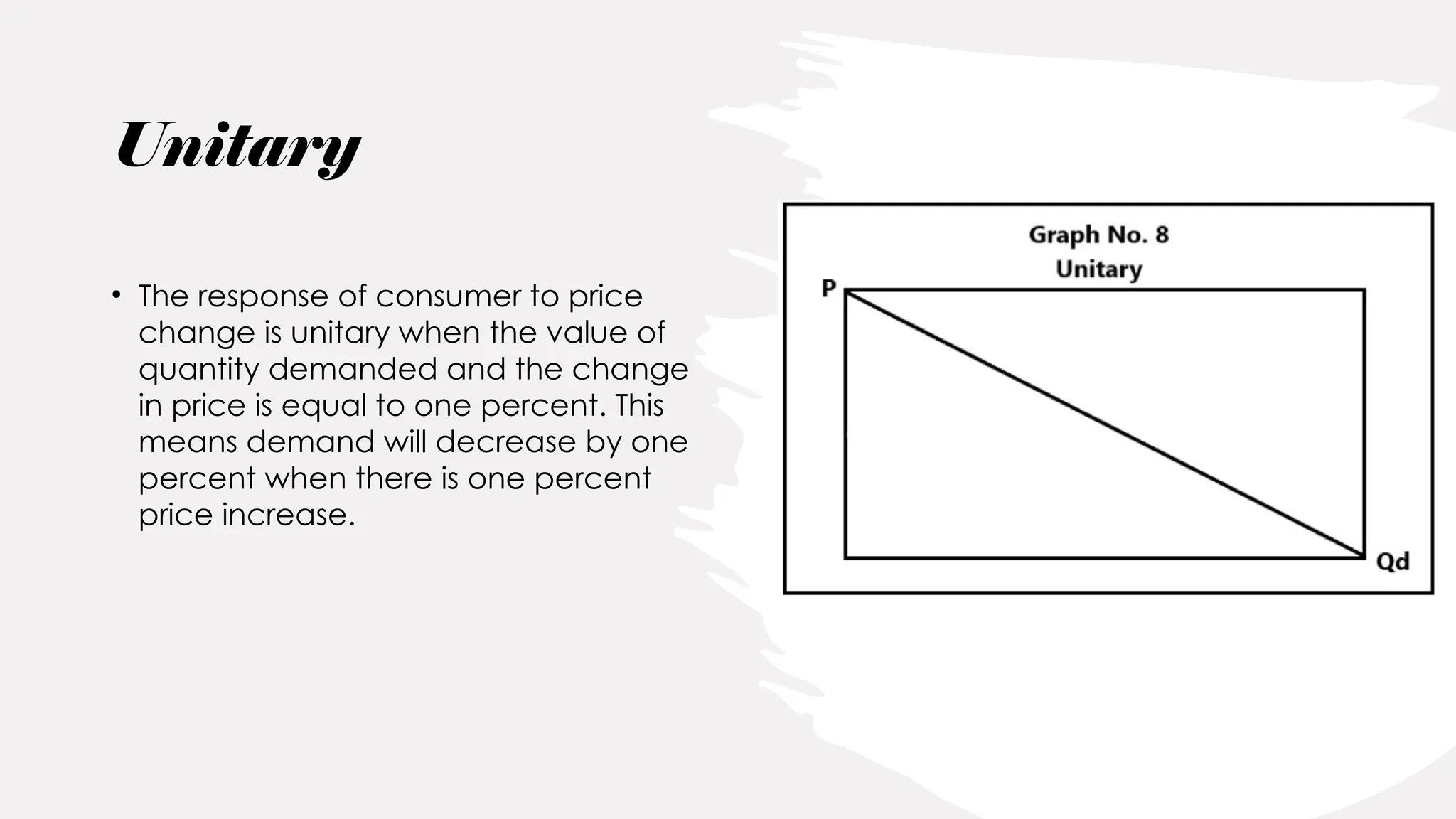 Unitary
• The response of consumer to price
change is unitary when the value of
quantity demanded and the change
in price is equal to one percent. This
means demand will decrease by one
percent when there is one percent
price increase.
 