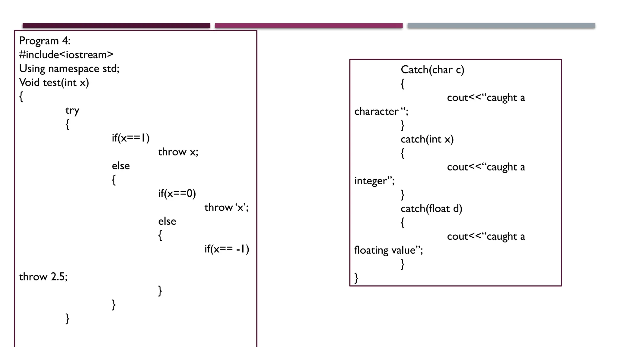 Program 4: #include<iostream> Using namespace std; Void test(int x) { try { if(x==1) throw x; else { if(x==0) throw ‘x’; else { if(x== -1) throw 2.5; } } } Catch(char c) { cout<<“caught a character “; } catch(int x) { cout<<“caught a integer”; } catch(float d) { cout<<“caught a floating value”; } } 