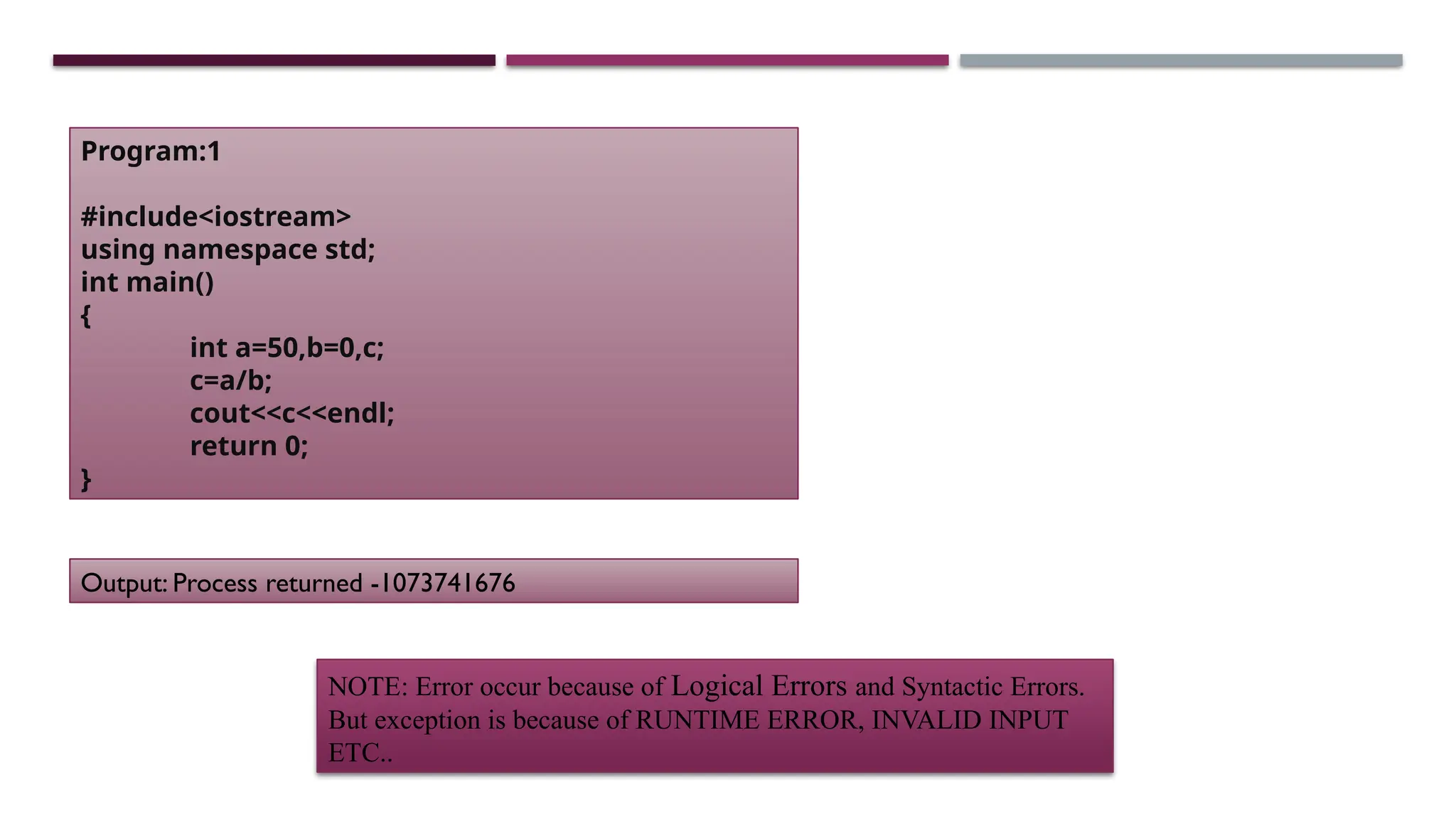Program:1 #include<iostream> using namespace std; int main() { int a=50,b=0,c; c=a/b; cout<<c<<endl; return 0; } Output: Process returned -1073741676 NOTE: Error occur because of Logical Errors and Syntactic Errors. But exception is because of RUNTIME ERROR, INVALID INPUT ETC.. 