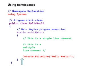 Using namespaces
// Namespace Declaration
using System;
// Program start class
public class HelloWorld
{
// Main begins program execution
static void Main()
{
// This is a single line comment
/* This is a
multiple
line comment */
Console.WriteLine("Hello World!");
}
}
 