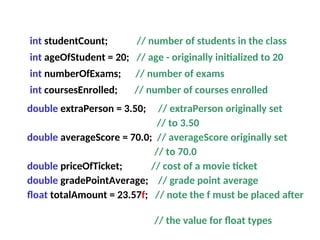 int studentCount; // number of students in the class
int ageOfStudent = 20; // age - originally initialized to 20
int numberOfExams; // number of exams
int coursesEnrolled; // number of courses enrolled
double extraPerson = 3.50; // extraPerson originally set
// to 3.50
double averageScore = 70.0; // averageScore originally set
// to 70.0
double priceOfTicket; // cost of a movie ticket
double gradePointAverage; // grade point average
float totalAmount = 23.57f; // note the f must be placed after
// the value for float types
 