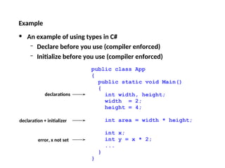 Example
• An example of using types in C#
– Declare before you use (compiler enforced)
– Initialize before you use (compiler enforced)
public class App
{
public static void Main()
{
int width, height;
width = 2;
height = 4;
int area = width * height;
int x;
int y = x * 2;
...
}
}
declarations
declaration + initializer
error, x not set
 