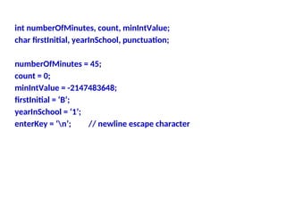int numberOfMinutes, count, minIntValue;
char firstInitial, yearInSchool, punctuation;
numberOfMinutes = 45;
count = 0;
minIntValue = -2147483648;
firstInitial = ‘B’;
yearInSchool = ‘1’;
enterKey = ‘n’; // newline escape character
 