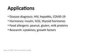 Applications
• Disease diagnosis: HIV, hepatitis, COVID-19
• Hormones: insulin, hCG, thyroid hormones
• Food allergens: peanut, gluten, milk proteins
• Research: cytokines, growth factors
Types of ELISA | Minimal academic design
 