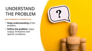 UNDERSTAND
THE PROBLEM
• Deep understanding of the
problem.
• Define the problem, input,
output, limitations and
specific conditions
 