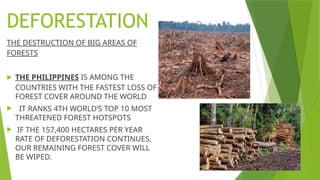 DEFORESTATION
THE DESTRUCTION OF BIG AREAS OF
FORESTS
 THE PHILIPPINES IS AMONG THE
COUNTRIES WITH THE FASTEST LOSS OF
FOREST COVER AROUND THE WORLD
 IT RANKS 4TH WORLD’S TOP 10 MOST
THREATENED FOREST HOTSPOTS
 IF THE 157,400 HECTARES PER YEAR
RATE OF DEFORESTATION CONTINUES,
OUR REMAINING FOREST COVER WILL
BE WIPED.
 
