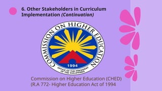 6. Other Stakeholders in Curriculum
Implementation (Continuation)
Commission on Higher Education (CHED)
(R.A 772- Higher Education Act of 1994
 