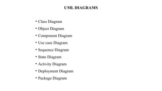 UML DIAGRAMS
• Class Diagram
• Object Diagram
• Component Diagram
• Use case Diagram
• Sequence Diagram
• State Diagram
• Activity Diagram
• Deployment Diagram
• Package Diagram
 