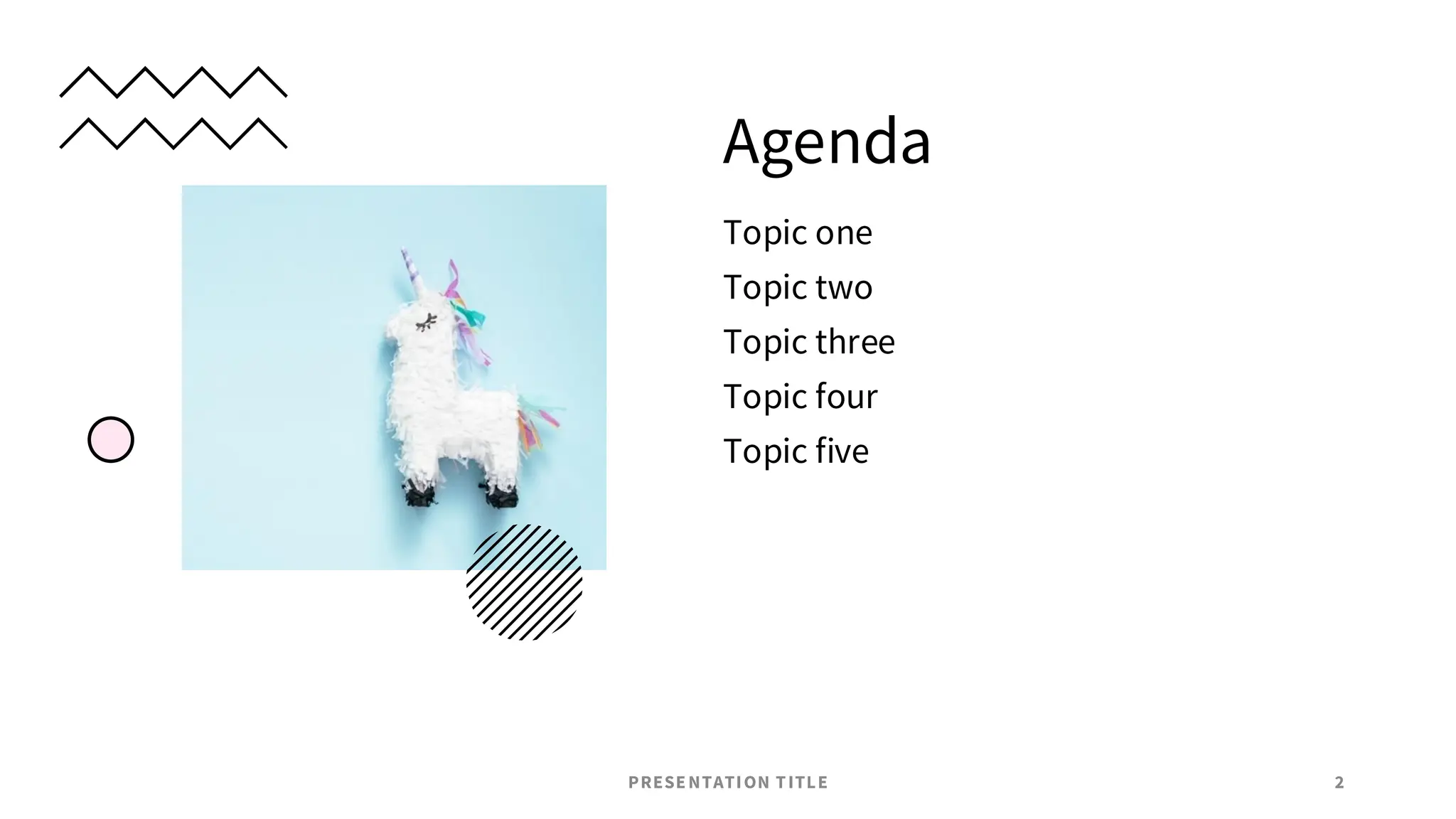 Agenda
Topic one
Topic two
Topic three
Topic four
Topic five
PRESENTATION TITLE 2
 
