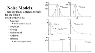 Noise Models Gaussian Rayleigh
Erlang Exponential
Uniform
Impulse
There are many different models
for the image
noise term η(x, y):
• Gaussian
• Most common model
• Rayleigh
• Erlang
• Exponential
• Uniform
• Impulse
• Salt and pepper noise
 