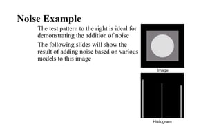 Noise Example
The test pattern to the right is ideal for
demonstrating the addition of noise
The following slides will show the
result of adding noise based on various
models to this image
Histogram to go here
Image
Histogram
 