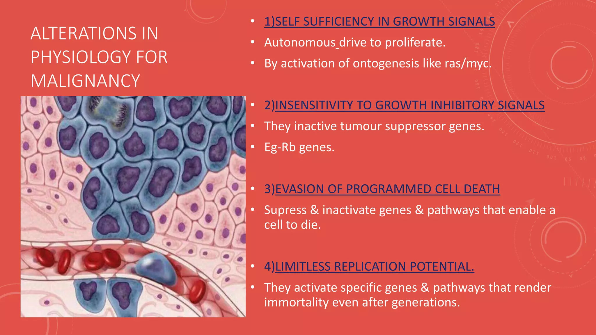 ALTERATIONS IN
PHYSIOLOGY FOR
MALIGNANCY
• 1)SELF SUFFICIENCY IN GROWTH SIGNALS
• Autonomous drive to proliferate.
• By activation of ontogenesis like ras/myc.
• 2)INSENSITIVITY TO GROWTH INHIBITORY SIGNALS
• They inactive tumour suppressor genes.
• Eg-Rb genes.
• 3)EVASION OF PROGRAMMED CELL DEATH
• Supress & inactivate genes & pathways that enable a
cell to die.
• 4)LIMITLESS REPLICATION POTENTIAL.
• They activate specific genes & pathways that render
immortality even after generations.
 
