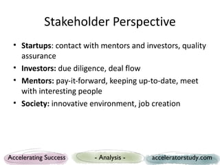 Stakeholder Perspective
 • Startups: contact with mentors and investors, quality
   assurance
 • Investors: due diligence,...