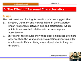 B. The Effect of Personal Characteristics B. Age The test result and finding for Nordic countries suggest that: Sweden, Denmark and Norway have an almost perfect linear relationship between age and satisfaction, which  points to an inverted relationship between age and  absenteeism. In Finland, test results show that older employees are more absence than the young ones. Explanation given was older employees in Finland being more absent due to long term  disorders. OB Group Project A 3 Stooges Presentation Journal 1 