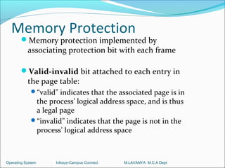 Memory Protection
       Memory protection implemented by
           associating protection bit with each frame

       Valid-invalid bit attached to each entry in
           the page table:
             “valid” indicates that the associated page is in
              the process’ logical address space, and is thus
              a legal page
             “invalid” indicates that the page is not in the
              process’ logical address space



Operating System     Infosys-Campus Connect   M.LAVANYA M.C.A Dept
 