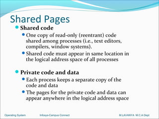 Shared Pages
       Shared code
        One copy of read-only (reentrant) code
          shared among processes (i.e., text editors,
          compilers, window systems).
        Shared code must appear in same location in
          the logical address space of all processes

       Private code and data
        Each process keeps a separate copy of the
          code and data
        The pages for the private code and data can
          appear anywhere in the logical address space


Operating System   Infosys-Campus Connect        M.LAVANYA M.C.A Dept
 