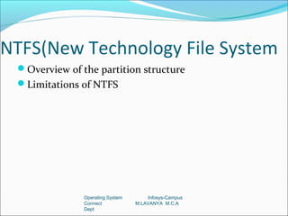 NTFS(New Technology File System
 Overview of the partition structure
 Limitations of NTFS




               Operating System       Infosys-Campus
               Connect            M.LAVANYA M.C.A
               Dept
 