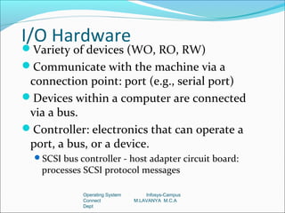 I/O Hardware
Variety of devices (WO, RO, RW)
Communicate with the machine via a
 connection point: port (e.g., serial port)
Devices within a computer are connected
 via a bus.
Controller: electronics that can operate a
 port, a bus, or a device.
  SCSI bus controller - host adapter circuit board:
   processes SCSI protocol messages

             Operating System       Infosys-Campus
             Connect            M.LAVANYA M.C.A
             Dept
 
