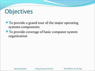 Objectives
To provide a grand tour of the major operating
 systems components
To provide coverage of basic computer system
 organization




     Operating System   Infosys-Campus Connect   M.LAVANYA M.C.A Dept
 