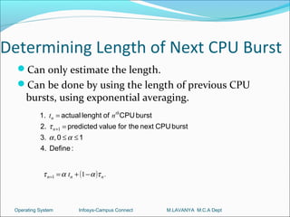 Determining Length of Next CPU Burst
  Can only estimate the length.
  Can be done by using the length of previous CPU
     bursts, using exponential averaging.
           1. tn = actual lenght of nthCPU burst
           2. τ n +1 = predicted value for the next CPU burst
           3. α , 0 ≤ α ≤ 1
           4. Define :


            τ n=1 = α tn + (1 − α )τ n .



 Operating System          Infosys-Campus Connect    M.LAVANYA M.C.A Dept
 