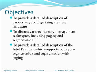 Objectives
      To provide a detailed description of
       various ways of organizing memory
       hardware
      To discuss various memory-management
       techniques, including paging and
       segmentation
      To provide a detailed description of the
       Intel Pentium, which supports both pure
       segmentation and segmentation with
       paging


Operating System   Infosys-Campus Connect   M.LAVANYA M.C.A Dept
 