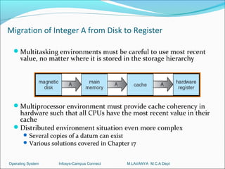 Migration of Integer A from Disk to Register

  Multitasking environments must be careful to use most recent
      value, no matter where it is stored in the storage hierarchy




  Multiprocessor environment must provide cache coherency in
   hardware such that all CPUs have the most recent value in their
   cache
  Distributed environment situation even more complex
        Several copies of a datum can exist
        Various solutions covered in Chapter 17


Operating System   Infosys-Campus Connect   M.LAVANYA M.C.A Dept
 
