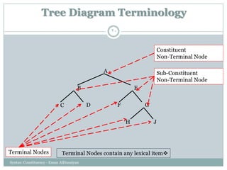 Tree Diagram Terminology
Syntax: Constituency - Eman AlHusaiyan
20
A
B E
C D F G
H J
Constituent
Non-Terminal Node
Sub-Constituent
Non-Terminal Node
Terminal Nodes Terminal Nodes contain any lexical item
 
