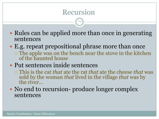 Recursion
Syntax: Constituency - Eman AlHusaiyan
28
 Rules can be applied more than once in generating
sentences
 E.g. repeat prepositional phrase more than once
 The apple was on the bench near the stove in the kitchen
of the haunted house
 Put sentences inside sentences
 This is the cat that ate the rat that ate the cheese that was
sold by the woman that lived in the village that was by
the river…
 No end to recursion- produce longer complex
sentences
 