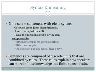 Syntax & meaning
Syntax: Constituency - Eman AlHusaiyan
4
 Non-sense sentences with clear syntax
 Colorless green ideas sleep furiously.
 A verb crumpled the milk.
 I gave the question a scuba-diving egg.
As opposed to:
 *Furiously sleep ideas green colorless.
 *Milk the crumpled
 *the question I an egg scuba-diving gave.
 Sentences are composed of discrete units that are
combined by rules. These rules explain how speakers
can store infinite knowledge in a finite space- brain.
 