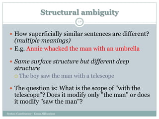 Structural ambiguity
Syntax: Constituency - Eman AlHusaiyan
45
 How superficially similar sentences are different?
(multiple meanings)
 E.g. Annie whacked the man with an umbrella
 Same surface structure but different deep
structure
 The boy saw the man with a telescope
 The question is: What is the scope of "with the
telescope"? Does it modify only "the man" or does
it modify "saw the man"?
 