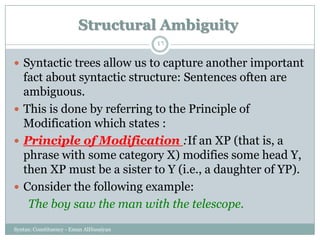 Structural Ambiguity
Syntax: Constituency - Eman AlHusaiyan
46
 Syntactic trees allow us to capture another important
fact about syntactic structure: Sentences often are
ambiguous.
 This is done by referring to the Principle of
Modification which states :
 Principle of Modification :If an XP (that is, a
phrase with some category X) modifies some head Y,
then XP must be a sister to Y (i.e., a daughter of YP).
 Consider the following example:
The boy saw the man with the telescope.
 