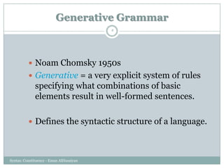 Generative Grammar
Syntax: Constituency - Eman AlHusaiyan
5
 Noam Chomsky 1950s
 Generative = a very explicit system of rules
specifying what combinations of basic
elements result in well-formed sentences.
 Defines the syntactic structure of a language.
 