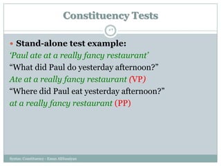 Syntax: Constituency - Eman AlHusaiyan
52
 Stand-alone test example:
‘Paul ate at a really fancy restaurant’
―What did Paul do yesterday afternoon?‖
Ate at a really fancy restaurant (VP)
―Where did Paul eat yesterday afternoon?‖
at a really fancy restaurant (PP)
Constituency Tests
 