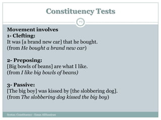 Syntax: Constituency - Eman AlHusaiyan
54
Movement involves
1- Clefting:
It was [a brand new car] that he bought.
(from He bought a brand new car)
2- Preposing:
[Big bowls of beans] are what I like.
(from I like big bowls of beans)
3- Passive:
[The big boy] was kissed by [the slobbering dog].
(from The slobbering dog kissed the big boy)
Constituency Tests
 