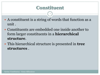 Constituent
Syntax: Constituency - Eman AlHusaiyan
8
 A constituent is a string of words that function as a
unit .
 Constituents are embedded one inside another to
form larger constituents in a hierarchical
structure.
 This hierarchical structure is presented in tree
structures .
 