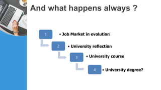 And what happens always ?
1 • Job Market in evolution
2 • University reflection
3 • University course
4 • University degre...