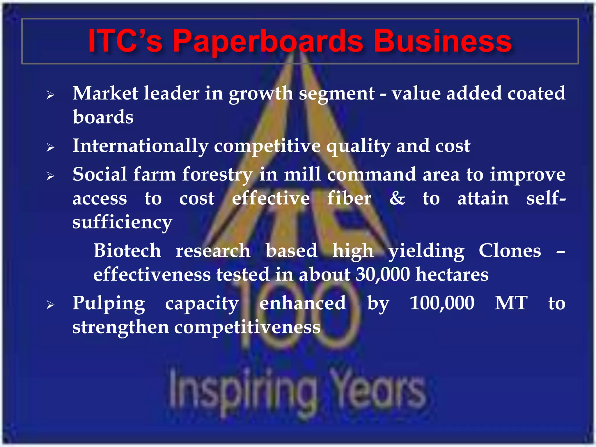 ITC’s Paperboards Business
   Market leader in growth segment - value added coated
    boards
   Internationally competitive quality and cost
   Social farm forestry in mill command area to improve
    access to cost effective fiber & to attain self-
    sufficiency
       Biotech research based high yielding Clones –
       effectiveness tested in about 30,000 hectares
   Pulping capacity enhanced by 100,000 MT to
    strengthen competitiveness
 