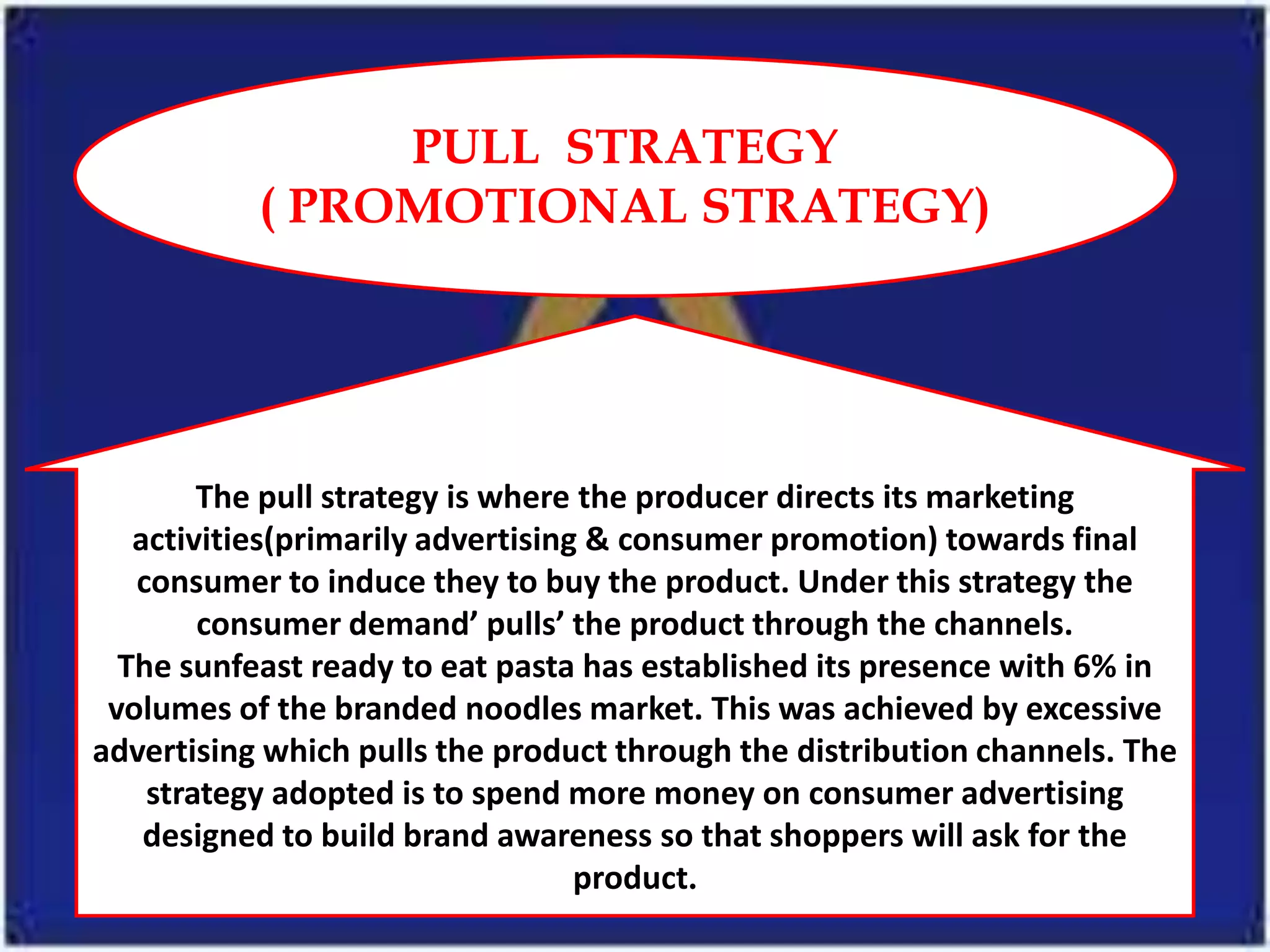 PULL STRATEGY
           ( PROMOTIONAL STRATEGY)




        The pull strategy is where the producer directs its marketing
   activities(primarily advertising & consumer promotion) towards final
   consumer to induce they to buy the product. Under this strategy the
        consumer demand’ pulls’ the product through the channels.
  The sunfeast ready to eat pasta has established its presence with 6% in
 volumes of the branded noodles market. This was achieved by excessive
advertising which pulls the product through the distribution channels. The
    strategy adopted is to spend more money on consumer advertising
    designed to build brand awareness so that shoppers will ask for the
                                   product.
 