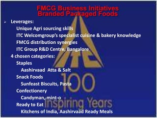 FMCG Business Initiatives
               Branded Packaged Foods
   Leverages:
       Unique Agri sourcing skills
       ITC Welcomgroup’s specialist cuisine & bakery knowledge
       FMCG distribution synergies
       ITC Group R&D Centre, Bangalore
    4 chosen categories:
       Staples
         Aashirvaad Atta & Salt
       Snack Foods
         Sunfeast Biscuits, Pasta
       Confectionery
         Candyman, mint-o
       Ready to Eat
         Kitchens of India, Aashirvaad Ready Meals
 