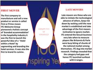 FIRST MOVER                            LATE MOVERS

The first company to               Late movers are those who are
manufacture and sell a new        able to imitate the technological
product or service is called         advance of others, keep risk
First or Prime mover.              down by waiting until the new
ITC-Welcome Group                  market is established and take
pioneered a holistic concept        advantage of the first movers
of ‘branded accommodation’          inclination to ignore market.
in the hospitality industry it    ITC entered the biscuit business
was the first to launch the           very late when to measure
powerful idea of a ‘ Hotel          players like Britannia & Parle
within a Hotel’ by                  were busy biting of chunks of
segmenting and branding the          the national market among
hotel services. It was also the   themselves. ITC dug into market
first to brand its cuisine.       research. Findings revealed that
                                      the category had gaps and
                                    hence ITC launched sunfeast
                                             with 6 ranges.
 