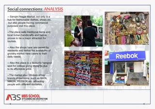 Social connections: ANALYSIS 
-- Sarojini Nagar Market not only is a 
hub for fashionable clothes, shoes etc. 
but also people having commercial 
purposes visit this place. 
--The place sells traditional items and 
local Indian handicrafts and hence 
proves to be a major attraction for 
tourists. 
-- Also the shops here are owned by 
residents and hence the availability of 
grocery market here caters to their 
daily needs. 
-- Also this place is a favourite hangout 
spot for college going students due 
to its affordable price. 
--The market also consists of big 
brands showrooms such as BATA, 
NIKON, REEBOK etc. attracting 
people with different demands. 
 