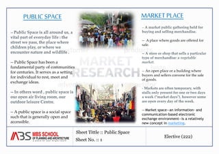 -- 
PUBLIC SPACE MARKET PLACE 
-- Public Space has been a 
fundamental party of communities 
for centuries. It serves as a setting 
for individual to rest, meet and 
exchange ideas. 
-- A public space is a social space 
such that is generally open and 
accessible. 
-- 
-- A place where goods are offered for 
sale. 
-- 
. 
-- An open place or a building where 
buyers and sellers convene for the sale 
of goods. 
- 
-- Market space—an information- and 
communication-based electronic 
exchange environment—is a relatively 
new concept in marketing. 
Sheet Tittle :: Public Space 
Sheet No. :: 1 
Elective (222) 
 