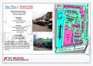 Site Plan : ANALYSIS 
-- 230 Continuous Shops.. 
*proper circulation pattern 
*famous market hall 
-- 130 Stalls 
*Portable 
* divide open area into 
queue option 
-- 10 zones 
*divide whole market into 
different parts 
*east to access from one 
part to other 
-- accessibility 
*bridge over canal 
* 9 different entries 
---A recent addition to the market is a 
stunning modern building with a maze of 
attractive small shops on the ground level, 
and above a huge and exotically decorated 
restaurant serving contemporary Pan-Asian 
cooking. 
 