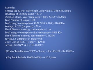 Example:
Replace the 40 watt Fluorescent Lamp with 29 Watt CFL lamp :-
a)Wattage of Existing Lamp = 40 w
Duration of use / year / lamp days = 8Hrs. X 365= 2920hrs
Total Number of lamps = 100
Total energy consumption ( 40 X 2920 X 100 )=11680Kw
Wattage of CFL (proposed) = 29 w
The difference in energy consumption= 11 w
Total energy consumption with replacement= 8468 Kw
The difference in energy consumption= 3212Kw
Saving, i.e. difference in energy bill:
Cost / Unit @ Rs.5/- (1 unit = 1 KWh)
Saving (3212 KW X 5 ) =Rs.16060 /-
b)Cost of Installation of 29 W of Lamp = Rs.100x100 =Rs.10000/-
c) Pay Back Period ( 10000/16060)= 0 .622 years
 